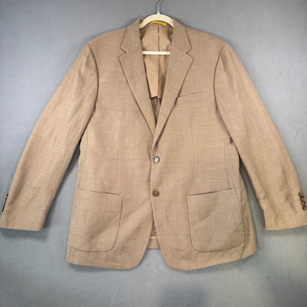 Hickey Freeman Mens 44R Sport Coat Tan Brown Wool Linen Silk Blazer 2-Button